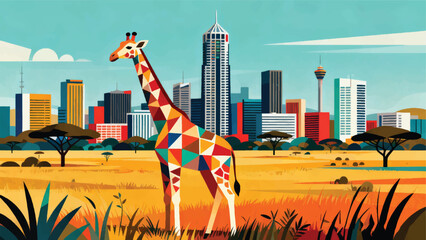 Illustration Of Nairobi Skyscrapers With Giraffes On The Savanna In Front Of The City Vector Design Template