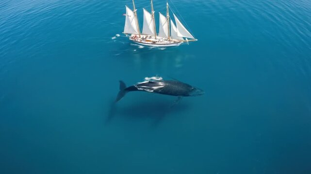 Sailing ship and whale swim together in the deep blue ocean waters