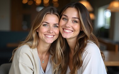 Two women, one leaning and one sitting, smile at the camera in a casual indoor setting, showcasing natural friendship and style. High quality