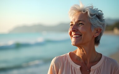a close-up of a happy 60-year-old woman, 30-year-old woman looking out to sea. High quality