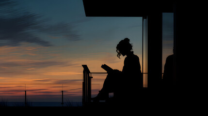 Silhouette of person reading on balcony sunset