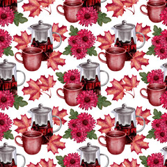 Seamless pattern with red hibiscus tea in cup and teapot, asters and autumn maple leaves, watercolor illustration on white background. for seasonal design, packaging, textile, or greeting cards