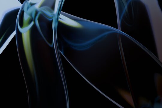 Abstract render glossy, intertwined fluid forms with captivating light reflections and refractions on a dark backdrop, creating a dynamic, modern, and elegant visual