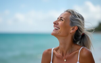a close-up of a happy 60-year-old woman, 30-year-old woman looking out to sea. High quality