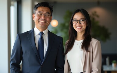 Happy confident professional mature Latin business man and Asian business woman corporate leaders managers standing in office, two diverse colleagues executives team together, vertical portrait.