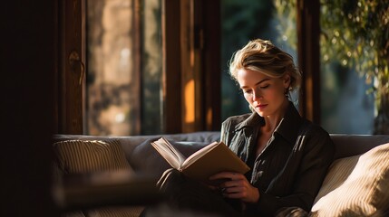 professional photography style, female reading hardcover book in elegant modern lounge, natural soft window light, cinematic warm tones, ultra-realistic fine art, shallow depth of field, 32K 