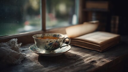 high-end lifestyle photography, cup of tea and open book on wooden table by large window, soft cinematic morning light, ultra-realistic fine art texture, professional composition, 32K resolution 