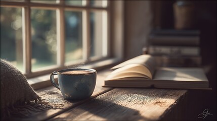 high-end lifestyle photography, cup of tea and open book on wooden table by large window, soft cinematic morning light, ultra-realistic fine art texture, professional composition, 32K resolution 