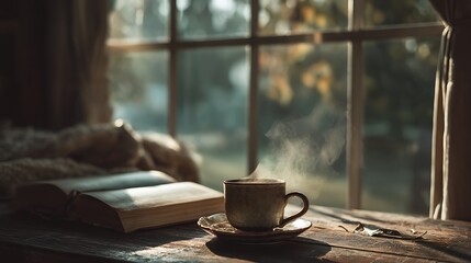 high-end lifestyle photography, cup of tea and open book on wooden table by large window, soft cinematic morning light, ultra-realistic fine art texture, professional composition, 32K resolution 