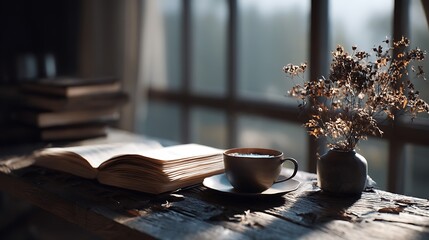 high-end lifestyle photography, cup of tea and open book on wooden table by large window, soft cinematic morning light, ultra-realistic fine art texture, professional composition, 32K resolution 