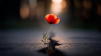 The miracle of nature. Most impossible places for flowering plants. A crack in the asphalt is enough for the red poppy