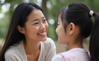 Close up of a smiling asian woman talking to her girl. High quality