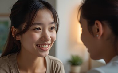 Close up of a smiling asian woman talking to her girl. High quality