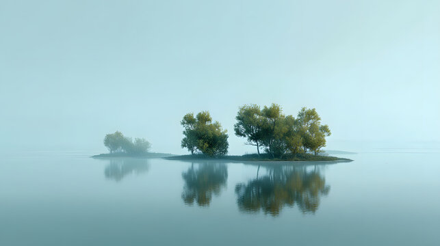 Small islands in foggy lake soft morning light minimalist