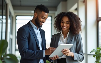 Business team of two happy young busy diverse colleagues, professional business man and business woman executives working together standing in office using digital tablet tech and talking.
