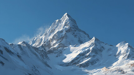 Snow-covered mountain peak clear blue sky bright daylight