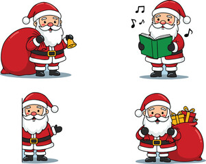Cartoon Santa Claus ringing bell, singing with book, peeking, and standing with gifts, festive Christmas vector for holiday celebration design