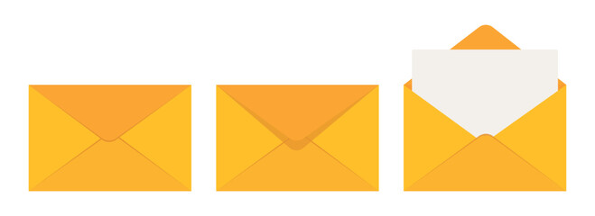 Empty yellow paper envelope set. Closed and open envelopes with blank white sheet inside. Flat vector illustration isolated on white background.