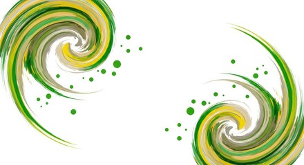 A vibrant and dynamic abstract background featuring two opposing swirls composed of textured brushstroke-like lines in various shades of fresh green, bright yellow, and subtle grey tones, elegantly ar