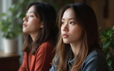 Portrait of two thoughtful young women looking away. High quality