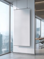 Vertical hanging banner mockup in modern office interior