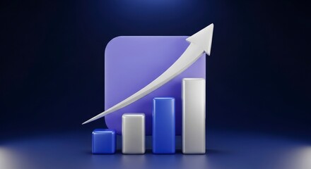 A visually striking 3D render portrays a dynamic upward trend, featuring a four-bar chart presented against a deep blue background with a prominent, rounded lavender element. The metallic bars, altern