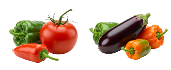 Set of Fresh vegetables including bell peppers, tomatoes, and eggplant  on a transparent background