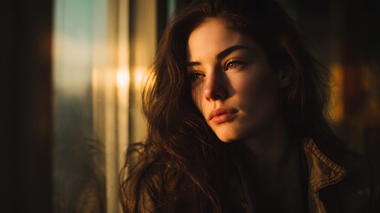 professional fine art portrait, lonely young woman sitting by window during sunset, soft golden light, cinematic emotional tone, subtle melancholy expression, ultra-realistic texture, 32K resolution 