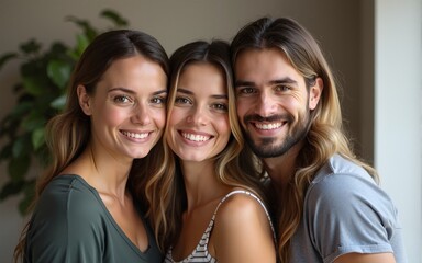 two woman and one man together in small gorup team. High quality