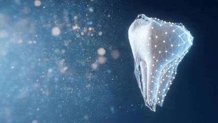 A glowing low-poly wireframe tooth model made of interconnected points and lines on a blue background. - Powered by Adobe