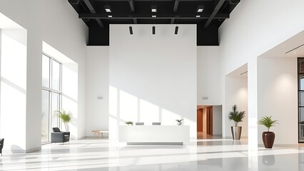 Contemporary office reception area with clean white walls and elegant architectural design.