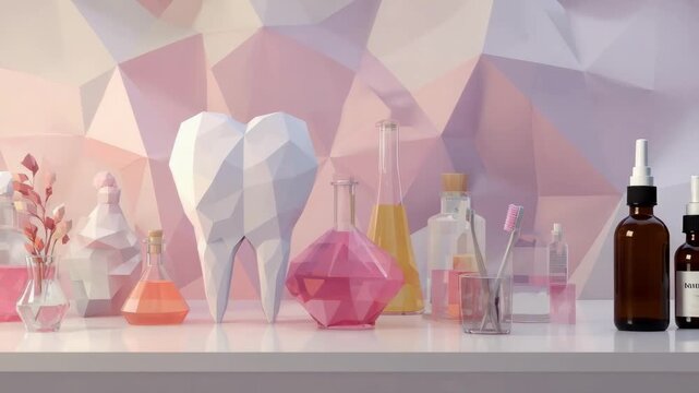 A large geometric white tooth model on a shelf, surrounded by pastel lab glassware against a geometric pastel backdrop.