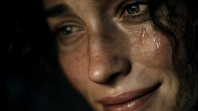 cinematic fine art photography, woman wiping tears with small smile, natural lighting, authentic emotion, ultra-realistic detail, emotional realism, 32K resolution 