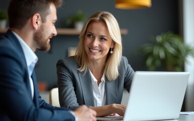 Smiling middle aged professional business woman executive working looking at laptop computer discussing digital data with male colleague at office meeting planning corporate strategy. Close up shot