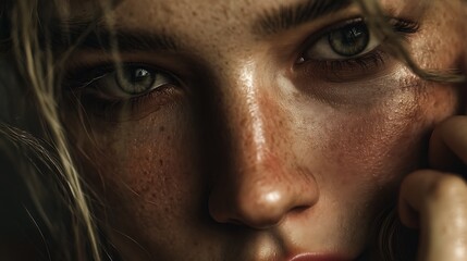 cinematic fine art photography, woman wiping tears with small smile, natural lighting, authentic emotion, ultra-realistic detail, emotional realism, 32K resolution 