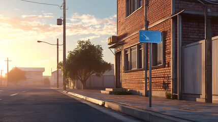 Urban street sign on quiet road sunlight photorealistic --ar