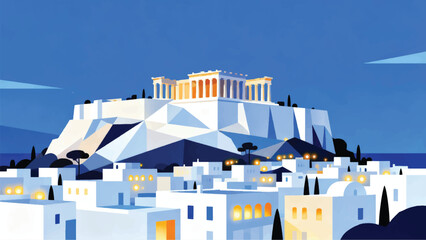 Illustration Of The Acropolis Towering On A Hill With The Glowing White City Below Vector Design Template
