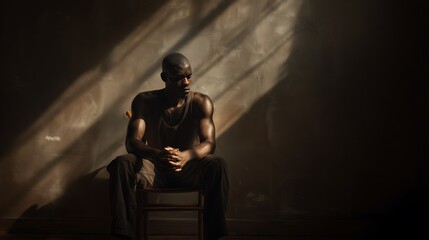 high-end portrait photography, person sitting alone on chair, hands clasped, expressive sadness, cinematic shadow play, ultra-realistic fine art composition, 32K resolution 