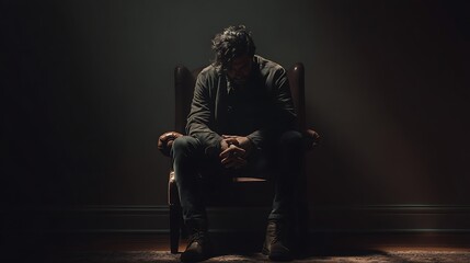 high-end portrait photography, person sitting alone on chair, hands clasped, expressive sadness, cinematic shadow play, ultra-realistic fine art composition, 32K resolution 