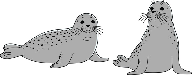 Cartoon seals with gray spotted bodies in sitting and lying poses, cute vector marine animals for kids on white background illustration © Creative Soul