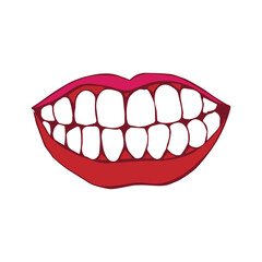 Smiling teeth with bright red lips on a white background