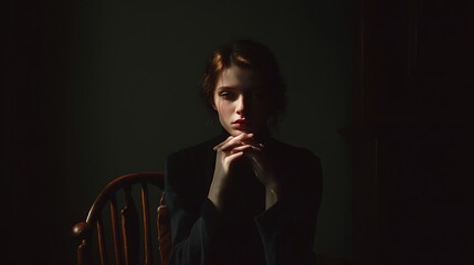 high-end portrait photography, person sitting alone on chair, hands clasped, expressive sadness, cinematic shadow play, ultra-realistic fine art composition, 32K resolution 