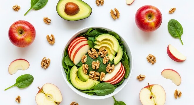 This bright and appealing overhead shot presents a fresh, colorful salad bowl filled with green spinach, creamy sliced avocado, sweet red apple wedges, and crunchy walnuts. Additional raw ingredients 