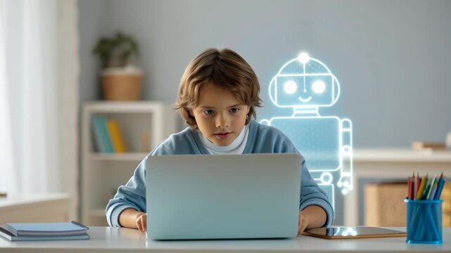 Personalized Learning Edtech Concept. A child interacts with a virtual robot while using a laptop.