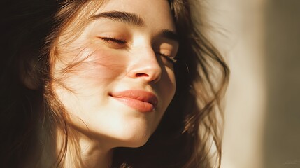 lifestyle fine art portrait, young woman smiling subtly with closed eyes under morning sunlight, peaceful and gentle emotion, soft cinematic tones, ultra-realistic texture, 32K resolution 