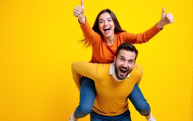 Image of excited couple having fun while man piggybacking joyful woman with thumb up, isolated over yellow background. High quality