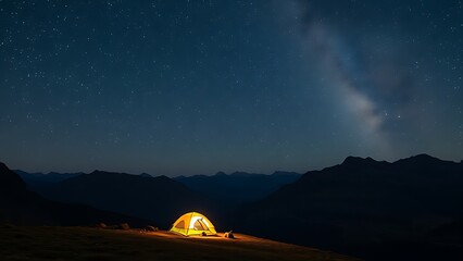 Starry mountain landscape at night with an illuminated tent under the milky way, serene and vast.
