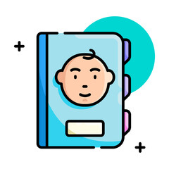 Baby Book with Aqua Cover and Child Illustration in Cartoon Style with Cyan Circle on Transparent Background