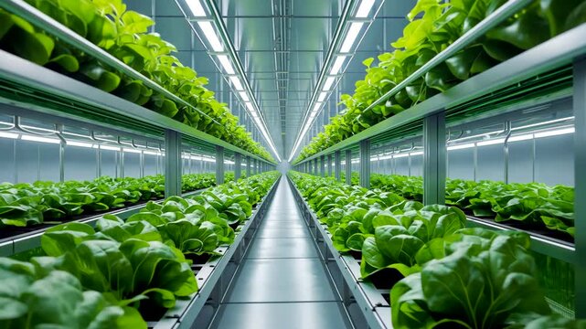Indoor hydroponic farm with rows of green lettuce growing on illuminated shelves along a central aisle