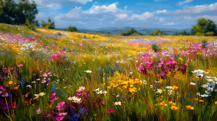 Obraz premium Wide meadow with colorful wildflowers sunny day